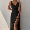 Womens Sleeveless V Neck Bodycon Dress Sexy Spaghetti Strap High Slit Ruched Midi Dress Cocktail Party Wedding Guest Dress