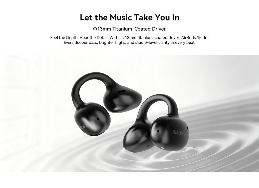 Blackview AirBuds 15 Wireless Bluetooth 6.0 Headphones Open Ear Earphones ENC IPX5