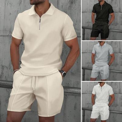 Men Summer Waffle Solid Color Zip-up Lapel Short-sleeve Suit Shorts Two Sets