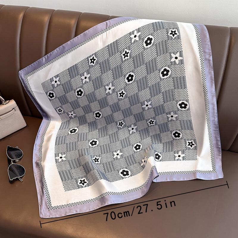 1Pcs 70Cm Plaid Floral Silk Scarf For Women, Imitation Silk Simple And Versatile Headwear Bag Decoration Clothing Square Scarf
