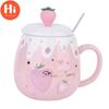 Hi 1 STÜCK 500 ml Große Kapazität Keramik Süße Erdbeere Kaffeetasse mit Deckel und Löffel Porzellan Frühstück Milch Haferflocken Tasse Trinkgeschirr