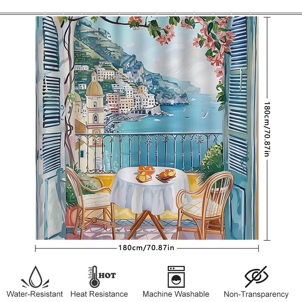Scenic Coastal View Shower Curtain European Style Waterproof Heat Resistant Machine Washable Suitable for Wet and Dry Separation
