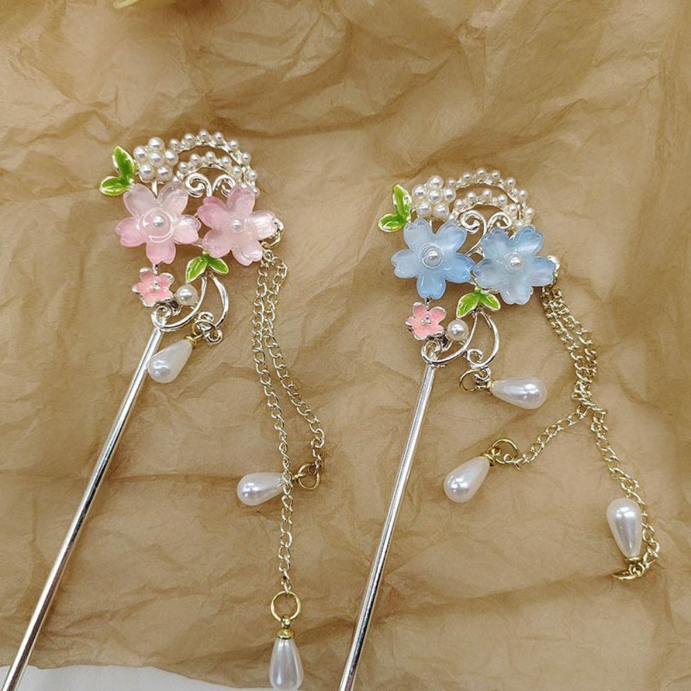 1 Piece Chinese - Style Hair Stick: Pink Resin Flowers, Pearl & Tassel, Perfect for Hanfu, Traditional Events