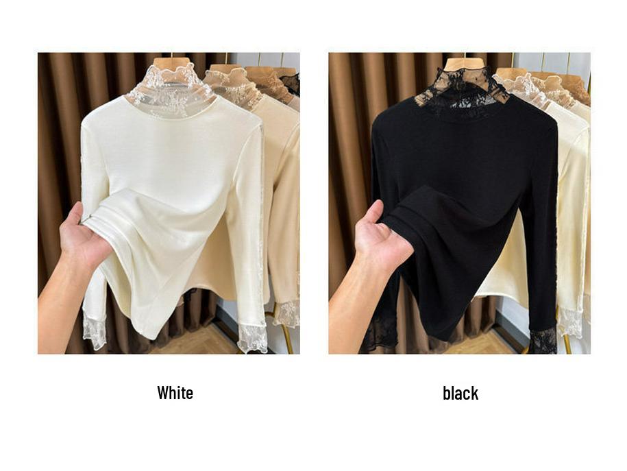 Women's Slim-Fit Brushed Lace Turtleneck Base Layer - Warm Autumn/Winter Inner Shirt