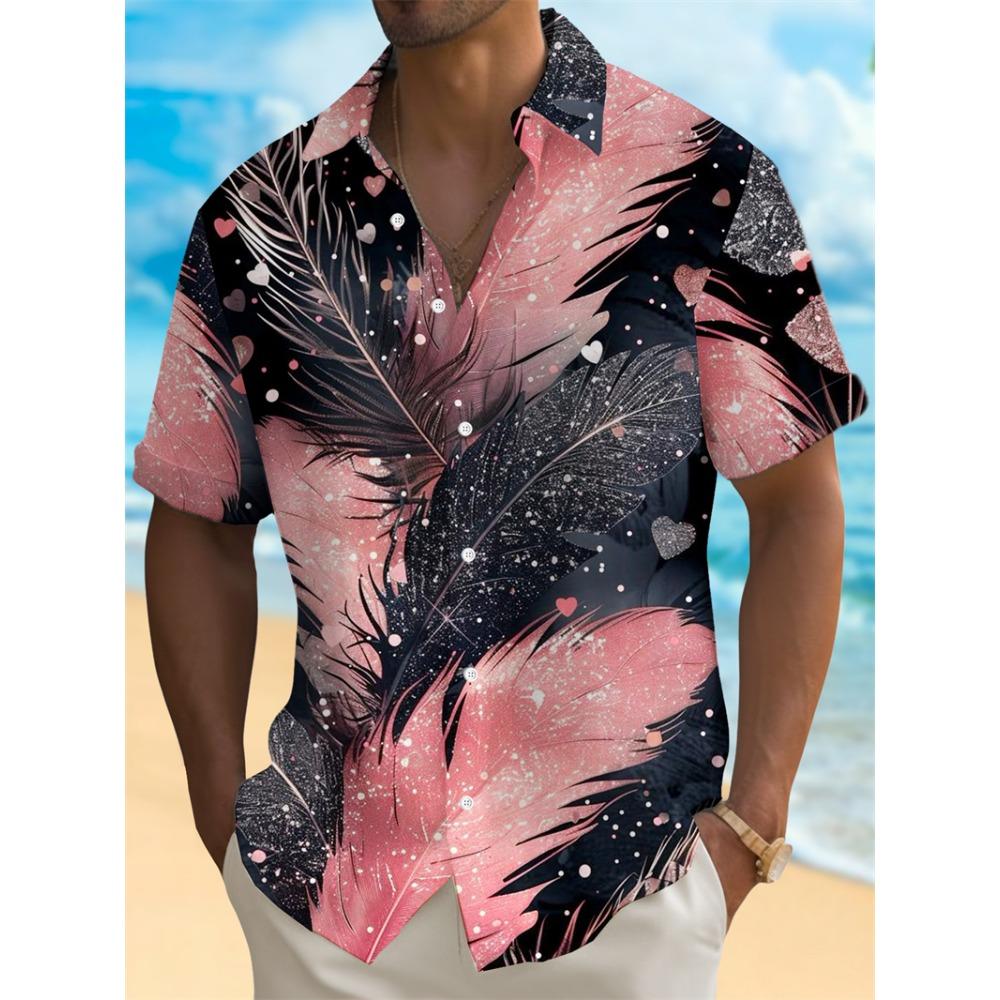 Summer Men's Shirt 3D Print Colorful Feather Short Sleeve Turndown Hawaiian Shirt Button Up Shirts No Pockets Shirts for Women