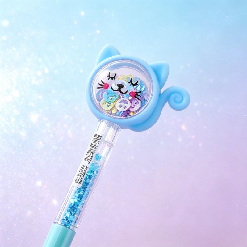 12 Pcs Cute Blue-Barrel Cat Quicksand Ballpoint Pen, Double Sequins Sparkly Writing Pen, Student Daily Writing, Stationery Gifts Office Supplies