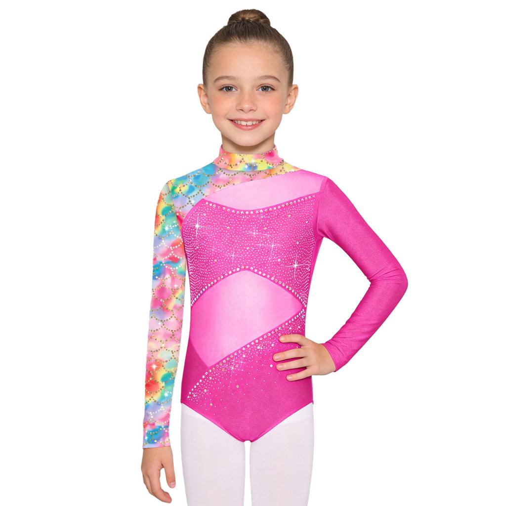 Kids Girls Performance Leotard: Long Sleeve Mock Neck with Mesh Patchwork & Butterfly Print Rhinestone Bodysuit Back Zipper
