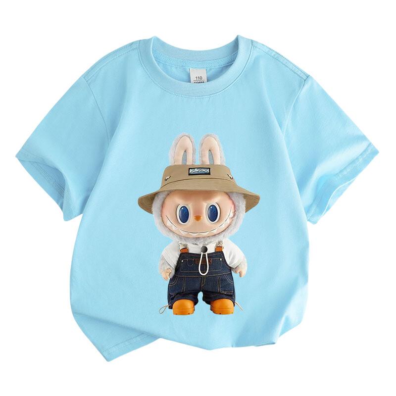 Labubu Children's T-shirt Cute Monster Cartoon Girl Round Neck Short Sleeved T-shirt Fashionable Versatile Style Top