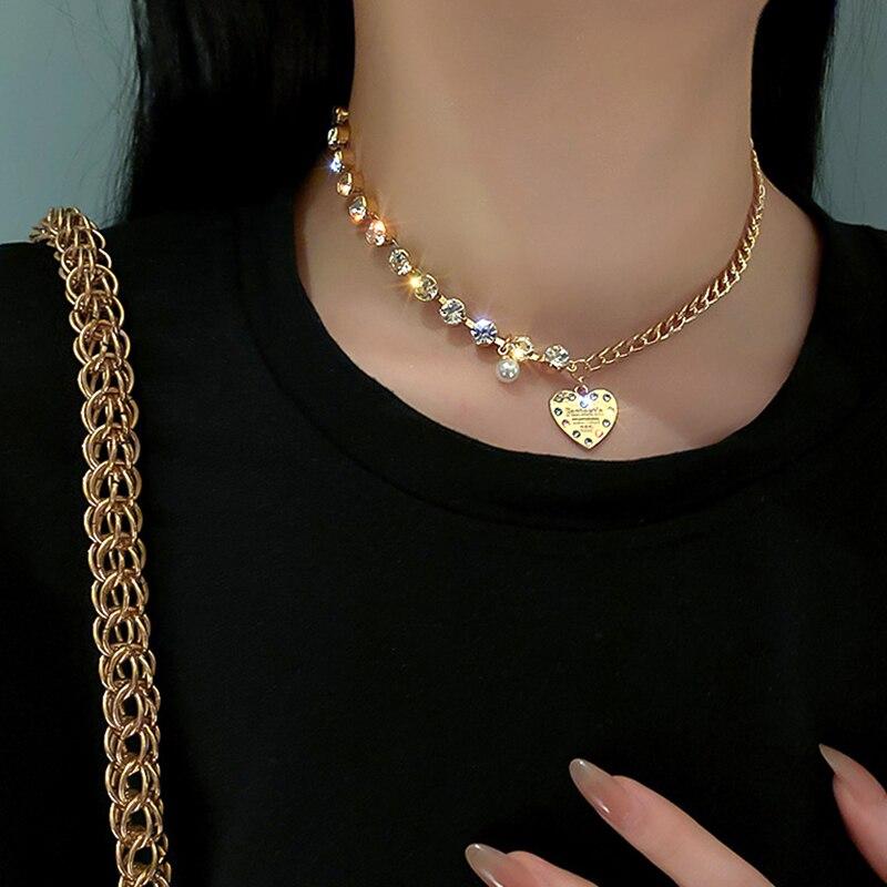 New Fashion 14K Real Gold Heart Crystal Pearl Chain Pendant Necklace for Women High Quality Zircon Jewelry Party Gift