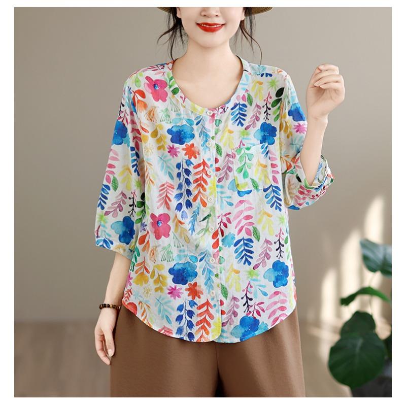 DIMANAF 2026 Estate Nuova Camicia Blusa Taglie Forti Donna Elegante Stampa Floreale Top da Donna Maglietta Cotone Abbigliamento da Spiaggia