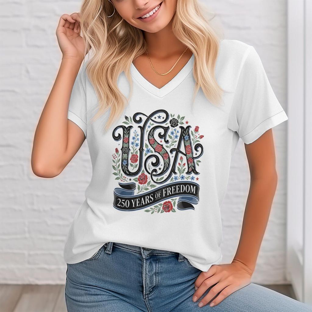 Retro Independence Day T-shirts Short Sleeve V-neck Tops USA Floral Retro Design Shirt USA 250th Anniversary T-shirt
