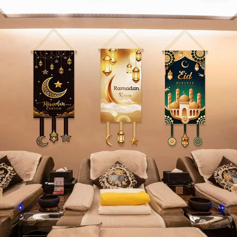 Eid Mubarak Decorations Ramadan Kareem Hanging Door Sign Ramadan Hanging Flag Welcome Wall Banner Eid Al-Fitr Party Supplies