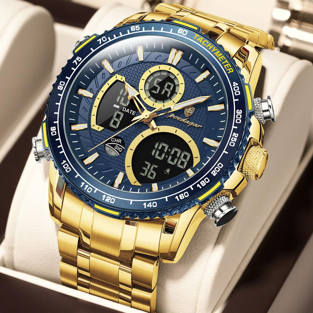 POEDAGAR Top LED Man Clock Waterproof Electronic Luxury Men's Watches Dual Time Display Digital Stainless Steel Quartz Watch