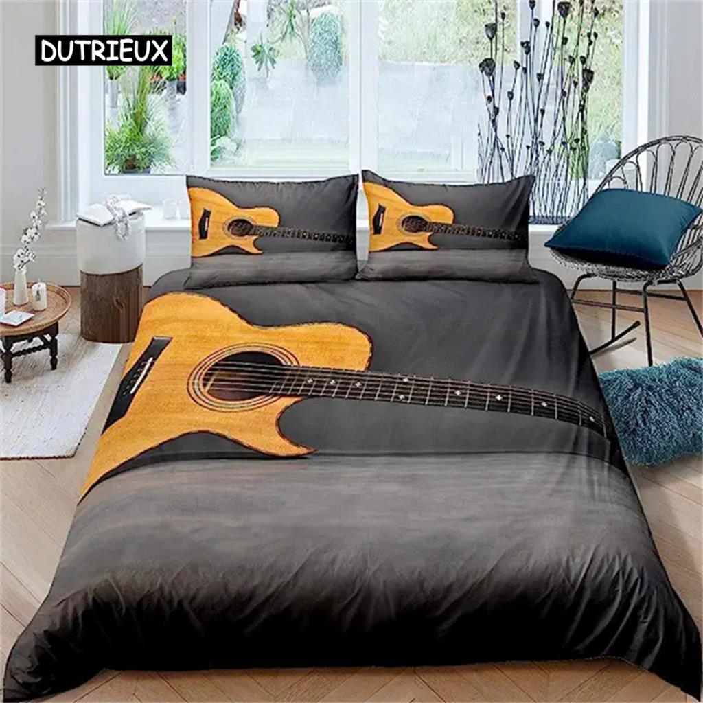 3D Rock Music Themed Guitar Colorful Duvet Cover Fire and Water Bedding Set Modern Gorgeous Microfiber Polyester for Boy Gifts