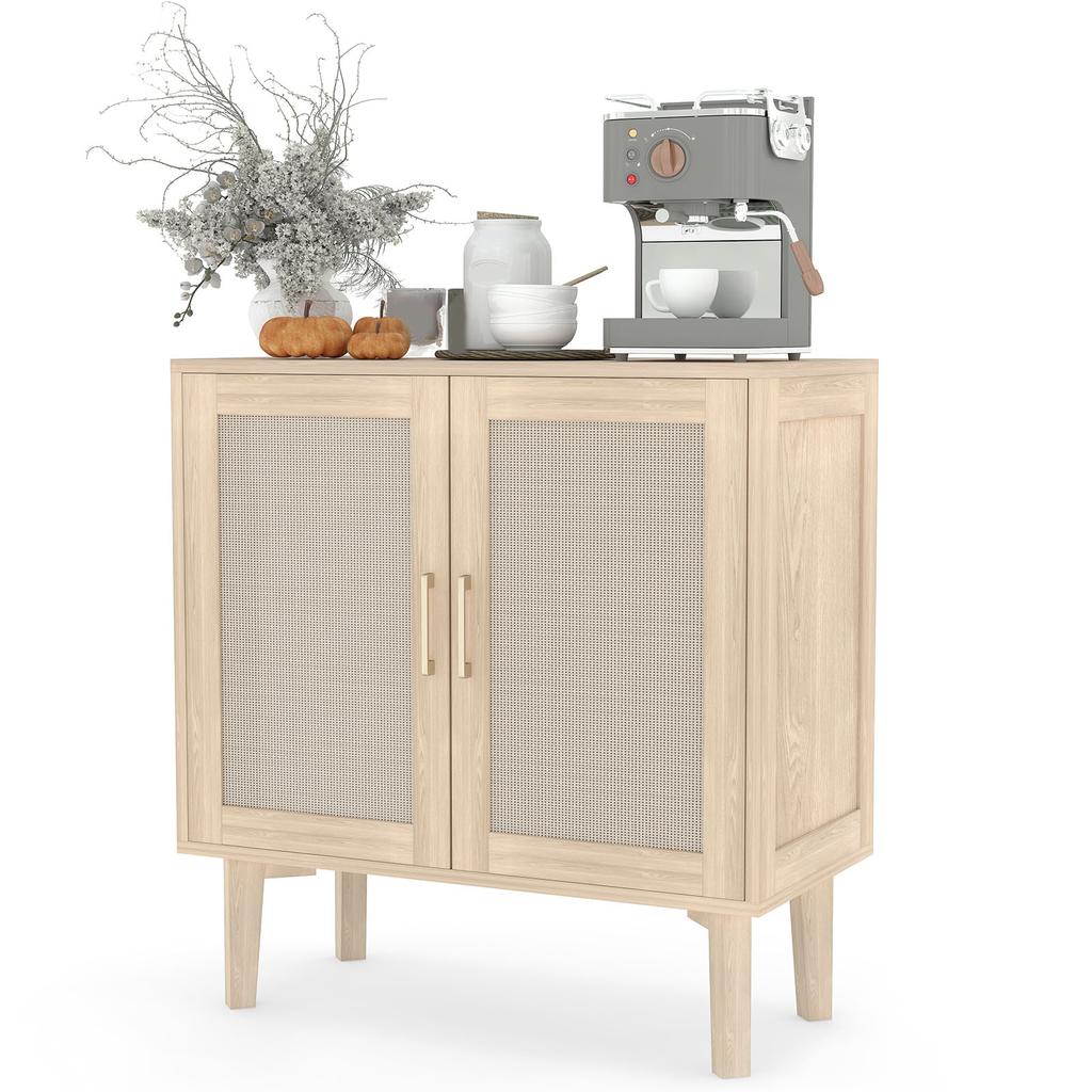 78x38x82cm Buffet Cabinet with Rattan Decor Doors Solid Wood Feet Multifunctional Sideboard Cabinet for Dining Room Kitchen