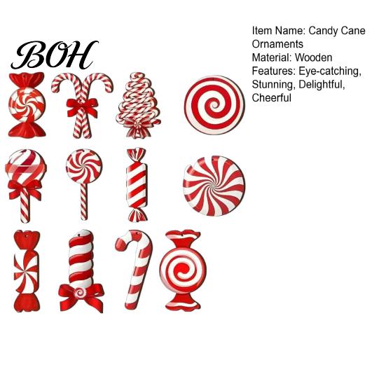 Wooden Christmas Tree Pendant Set Candy Ornaments, Red White Peppermint Cane Lollipop Pendants, Seasonal Decorative Hanging Props Decoration for Xmas