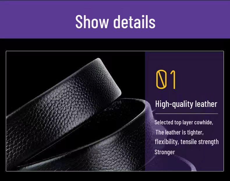 Men's Genuine Leather Cowhide Belt with Automatic Buckle, Youth Style, Lychee Pattern.