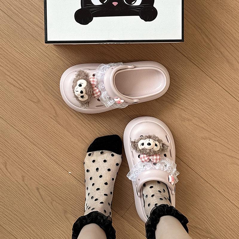 Cute and Sweet Shirley Rose Bow Hole Shoes Women's Summer 2025 Fashion Outer Wear Lace Edge Bag Head Slippers