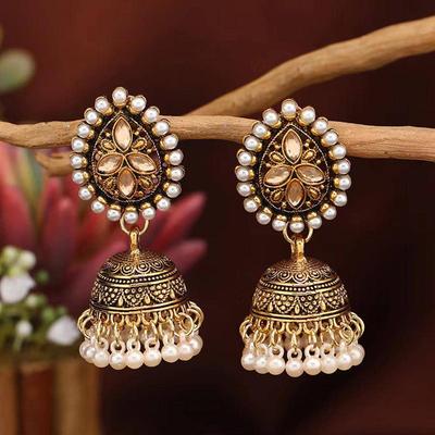 Vintage Palace Style Rhinestone Pearl Earrings for Women Water Drop Bell Design Dangle Earring Boho Female Jewelry Accessories