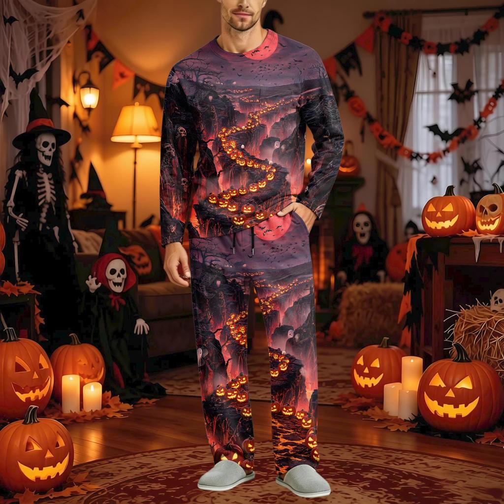 Men's Halloween Pajama Set Long Sleeve with Buttoned Crotch and Elastic Drawstring Waist Sleepwear