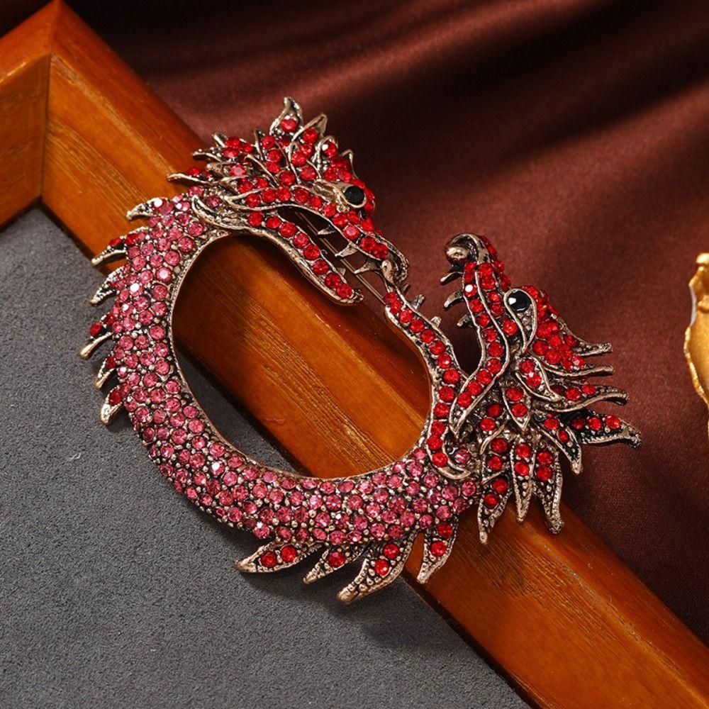 Rhinestone Chinese Loong Brooch Aesthetic Double Head Dragon Badge Zodiac Dragon Pin  Trousers