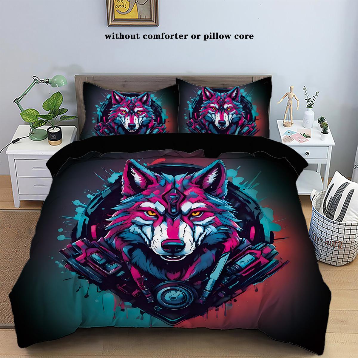 

3pcs Cat and Wolf Cyberpunk style printed bedding set, (1*Duvet Cover + 2*Pillowcase, NO Core),for bedroom,hotel,home decoration 135x200cm-EU-Single