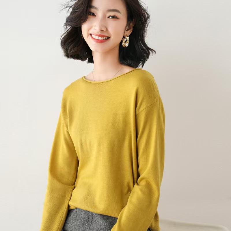 Moda coreana Mujer suelto Cuello redondo Liso Jersey Suéter Otoño e Invierno Manga larga Tejido Camiseta interior de punto Suéteres combinables