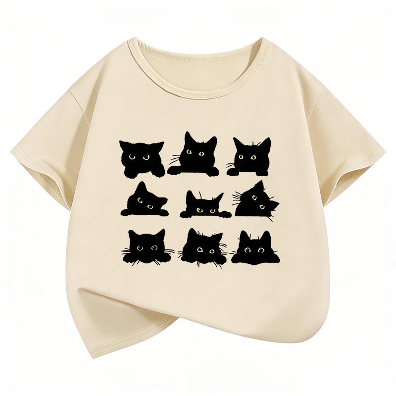 Cute Black Cat Graphic Kids Tshirts Summer Short Sleeve Tees Cartoon Animal Boys Girls Clothes Kawaii Tops Y2K Children Tshirt