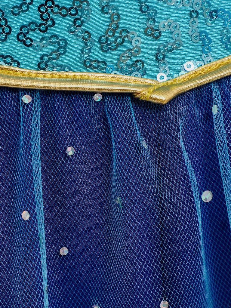 Girls Belly Dance Costume Arabian Princess Rompers Sequined Waist Tulle Overlay Jumpsuit Contrast Color Rhinestone Decor