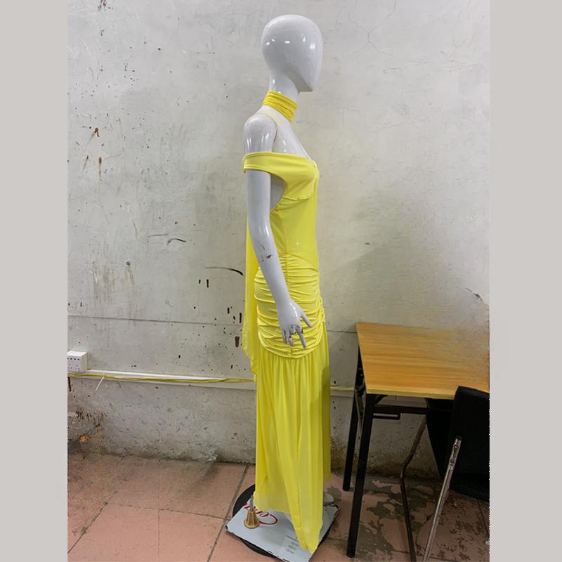 European and American summer sexy V-neck see through backless temperament slit dress