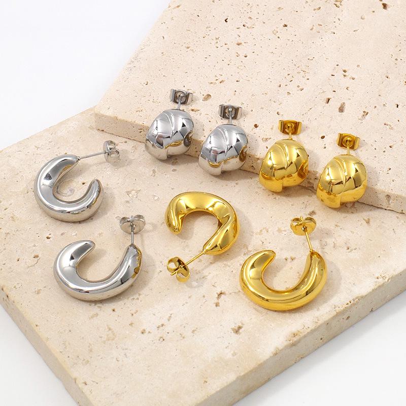 Elegant Geometric 18K Gold Plated Stainless Steel Earrings for Women - Luxury C-Shaped Stud Jewelry Bestseller