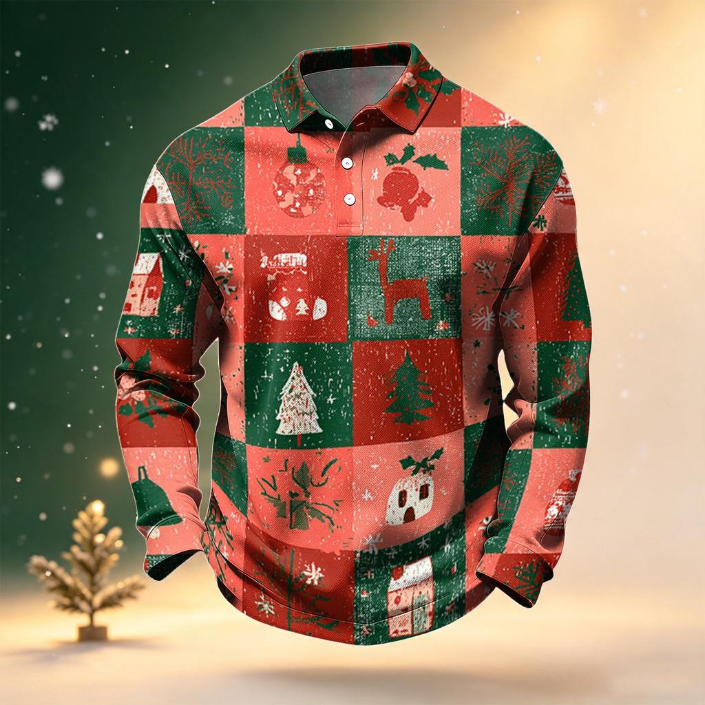 Men's Long Sleeve Golf Shirt Christmas Print Quick-Dry Mesh Casual Activewear Top