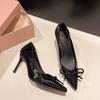 Black Bow Beautiful High Heels Women's New Autumn Temperament Versatile Sexy Pointed Shallow Mouth Single Shoes Women