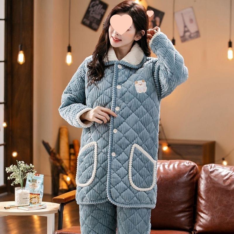 Pajamas women's winter warm winter fleece thickened coral fleece three layers of cotton autumn and winter women's loungewear