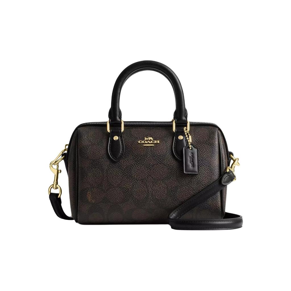 Coach Brown Signature Canvas Mini Rowan Duffle Bag with Leather Trim & Gold Hardware for Daily Use