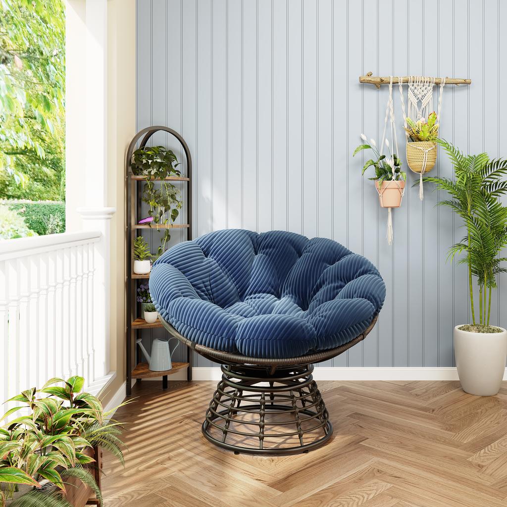Comfortable Wicker Papasan Chair, 360 degrees Swivel Indoor Outdoor with Soft Thick Cushion, Ideal for Living Room, Brown Frame