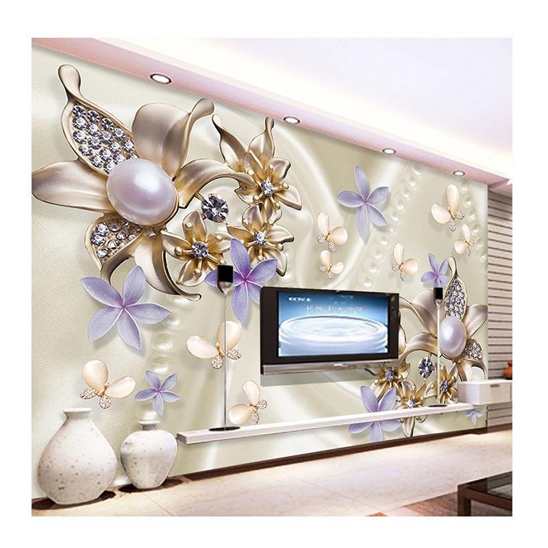 European Style 3D Stereo Pearl Diamond Butterfly Flower Photo Murals Wallpaper Living Room TV Sofa Backdrop Wall Murals