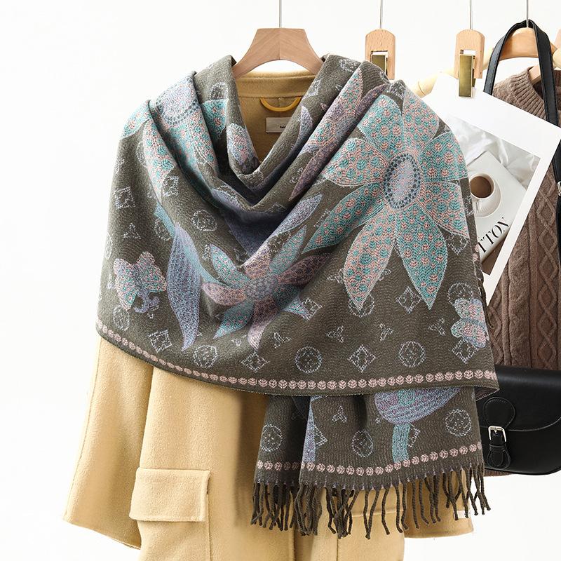 Jacquard Scarf Shawl with Decorative Imitation Cashmere Scarf for Women Winter High End New Style Thickened Ethnic Style Shawl