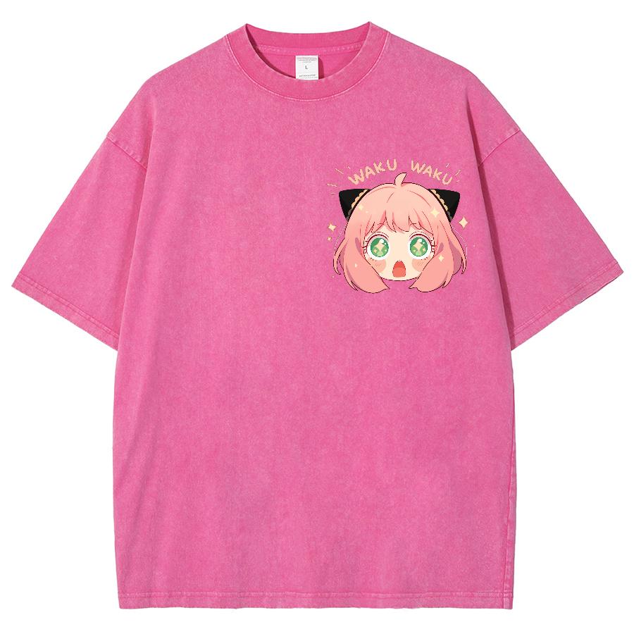 Vintage Casual Prany Denim Luźny T-shirt Kreskówkowy Nadruk Postaci Anime Streetowa Moda Amerykańska Wygodny Design