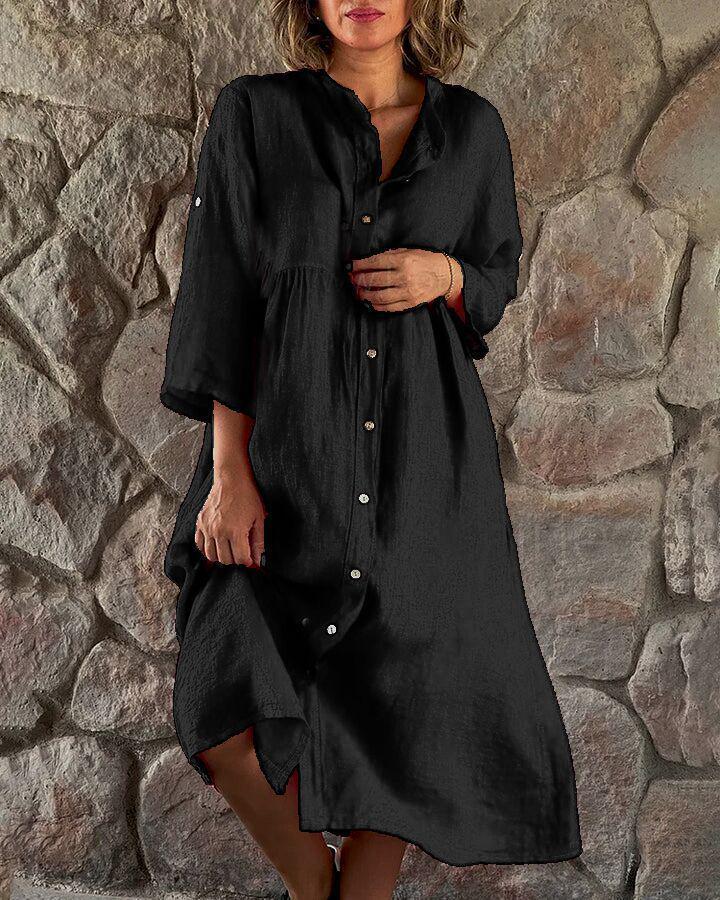 Women's Plus Size White Summer Shirt Dress - Mid-Sleeve, Single-Breasted, Knee-Length with Relaxed Fit