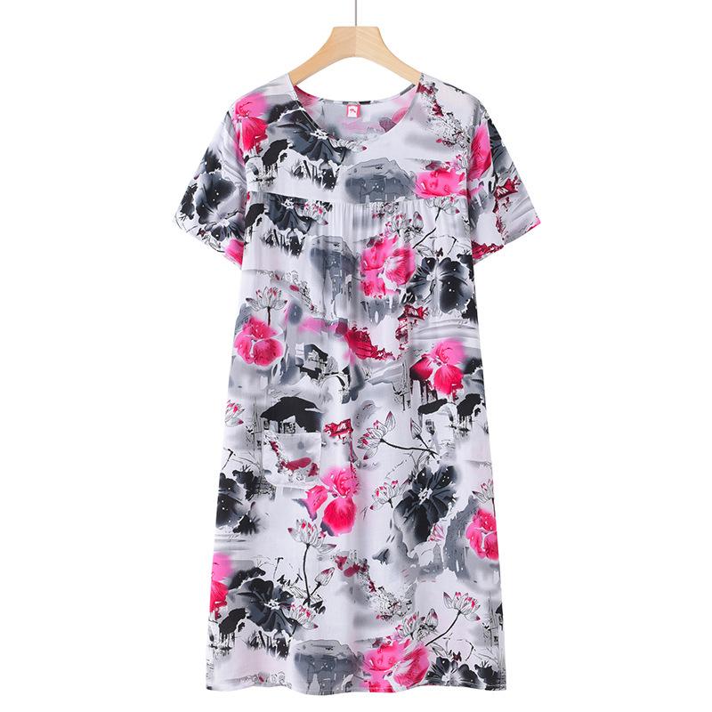 Silk-Blend Short Sleeve Nightgown for Moms, New Summer-Style Lightweight Loose Pajamas.