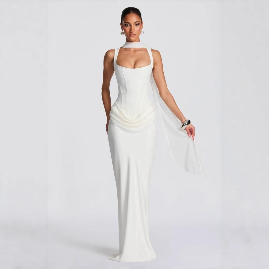 Women's Spring Slim Fishbone Strappy Long Dress - Solid Color Hip-Hugging Design