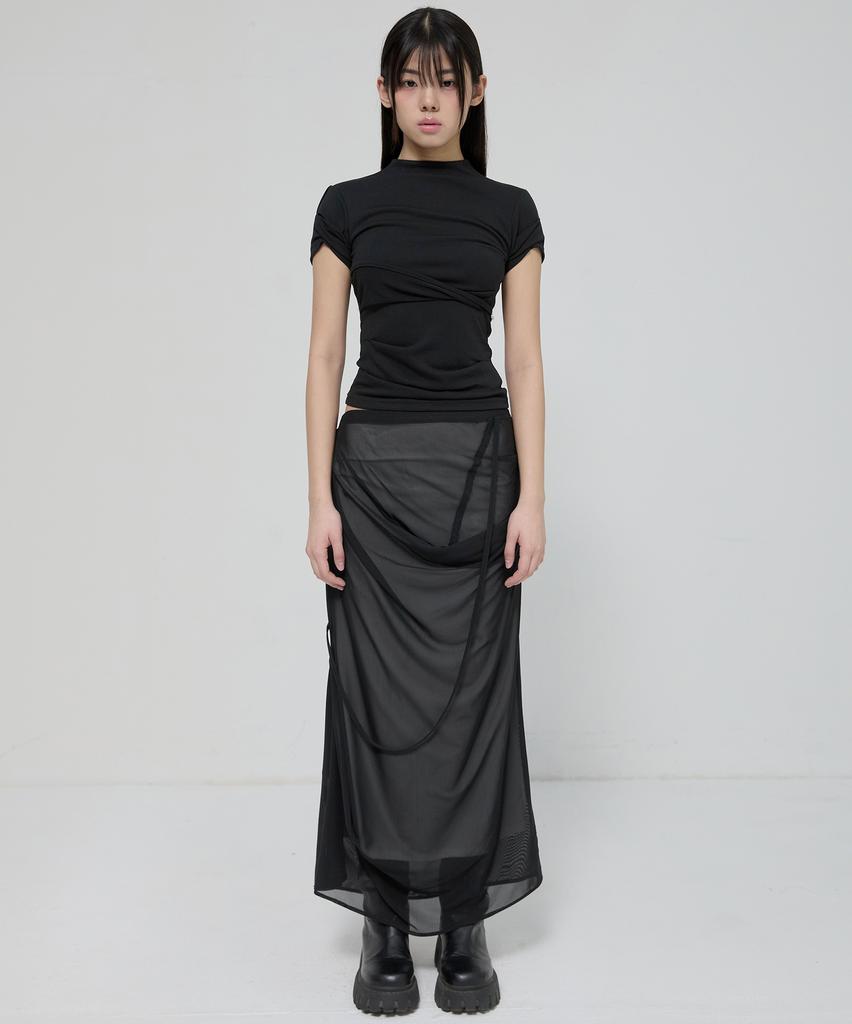 Peulleeoeob Asymmetrical Draped Mock Neck T-Shirt (Fl-126_Black)