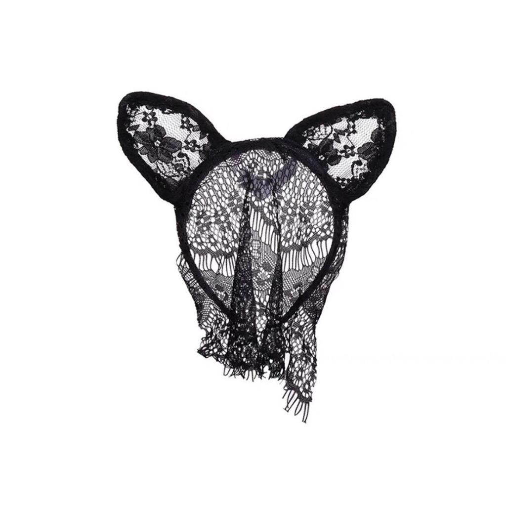 Black Sexy Cat Ears Headband Female Lace Mask Eye Mask Face Mask Mesh Veil Hair Accessories Halloween Headgear