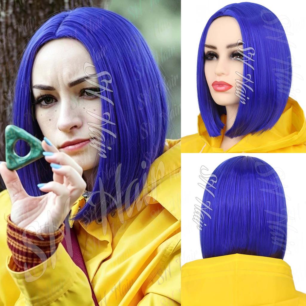 Synthetic Dark Blue Bob Wig Short Straight Wig for Women, Anime Coraline Cosplay Wigs for Halloween Cosplay Party Daily Wear