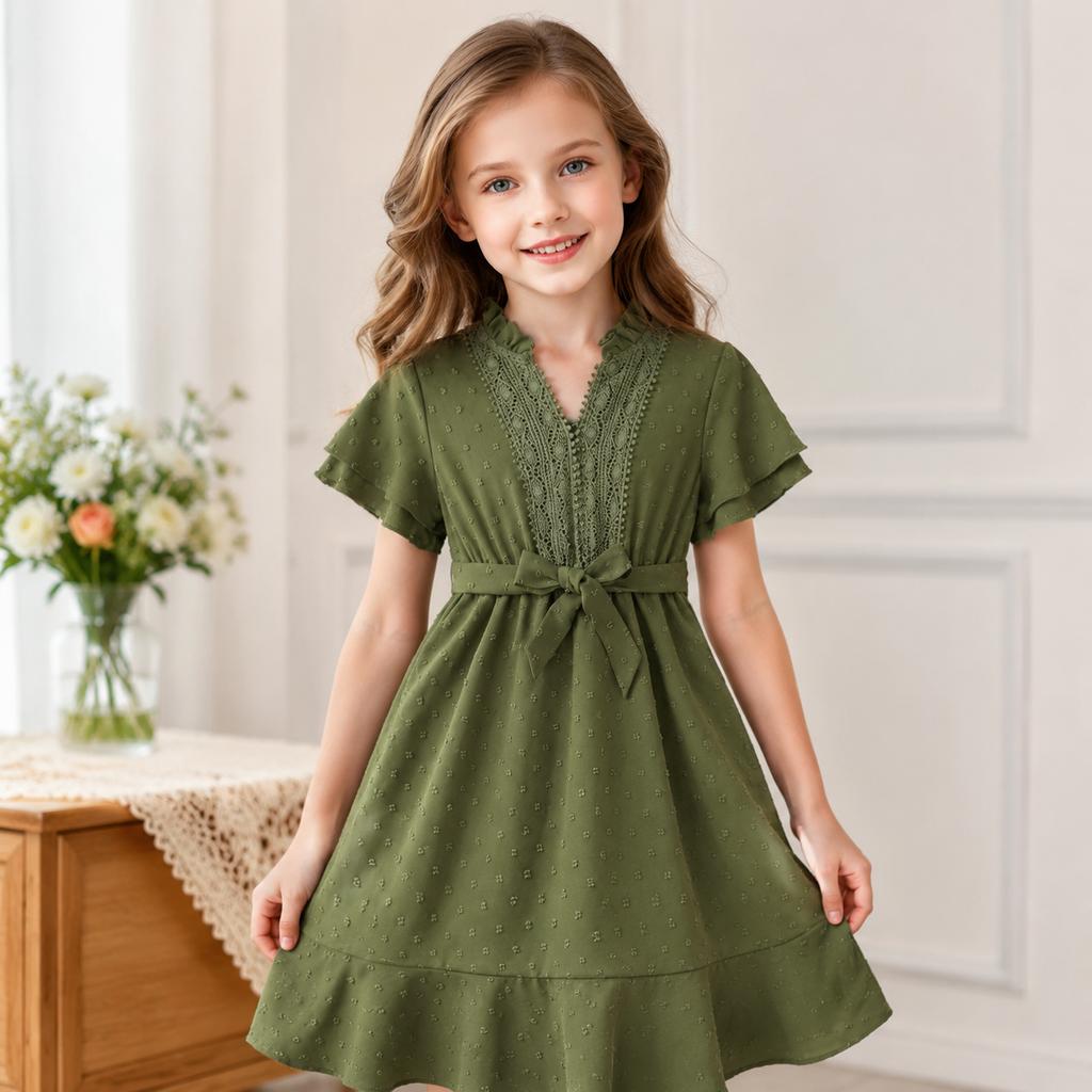 Vestito estivo nuovo per bambina, a maniche corte, in pizzo, con scollo a V e cintura da annodare, svasato