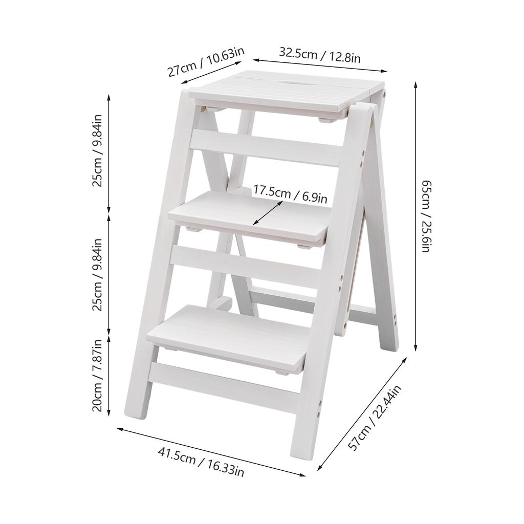 White 3-Tier Step Stool Ladder, Folding Wood Step Stool with Handle, Non-Slip Wide Pedal, Compact Storage, Supports Up To 220lbs
