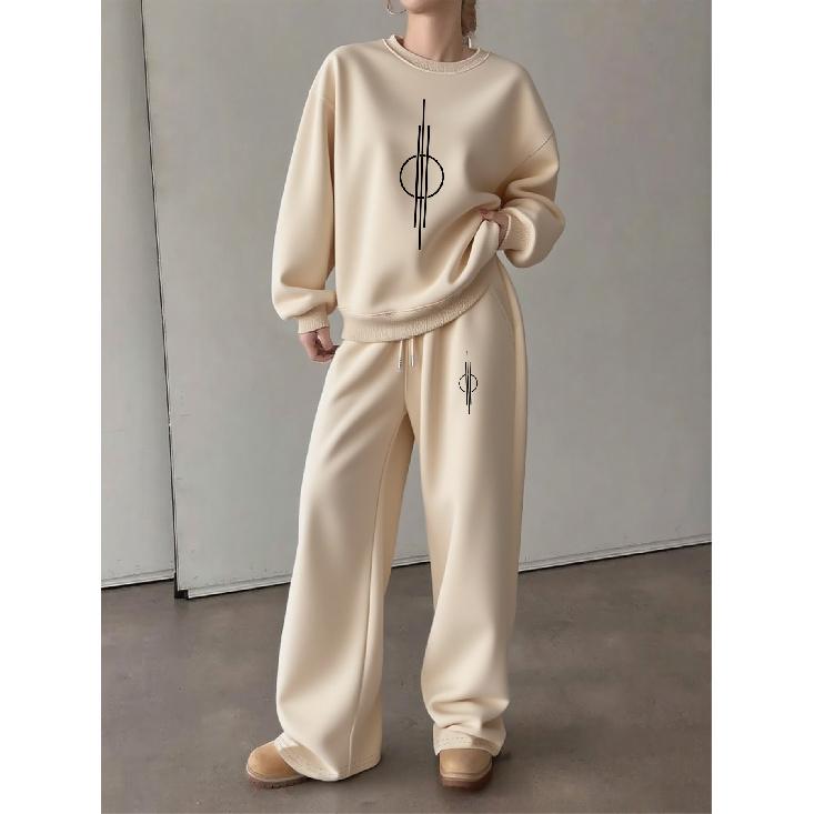 Women's Crewneck Sweatshirt & Drawstring Straight-Leg Pants 2-Piece Set, Printed Lounge Set, Fall/Winter Casual Outfit