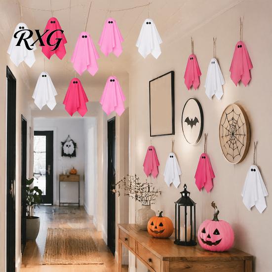 Halloween Party Background Decor Ghost Hanging Decor, Pastel Pink White Soft Fabric Ornaments, Cute Spooky Home Aesthetic