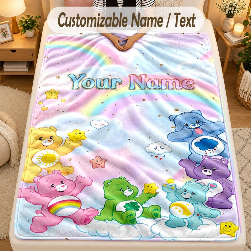 Flannel BlanketCare Bears Custom Name Text Personalized Soft Warm Throw Blanket Home Decor Gift